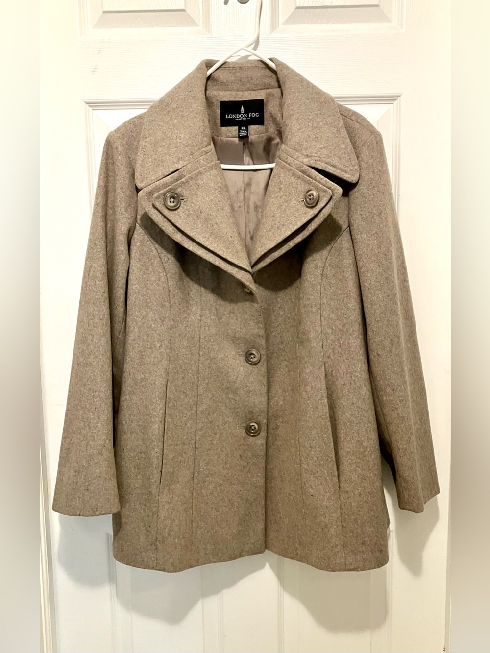 London Fog Taupe Wool-Blend Peacoat: Button Lapel Collar, Sz. XL
